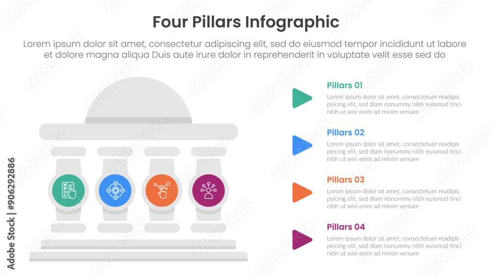 Poster four pillars framework with ancient classic construction infographic with 4 point stage template wit
