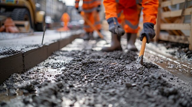 Groundworkers  in hiviz using shovel leveling concrete  kerbs on  construction site : Generative AI