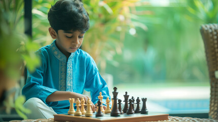 Young boy concentrated on chess game in india