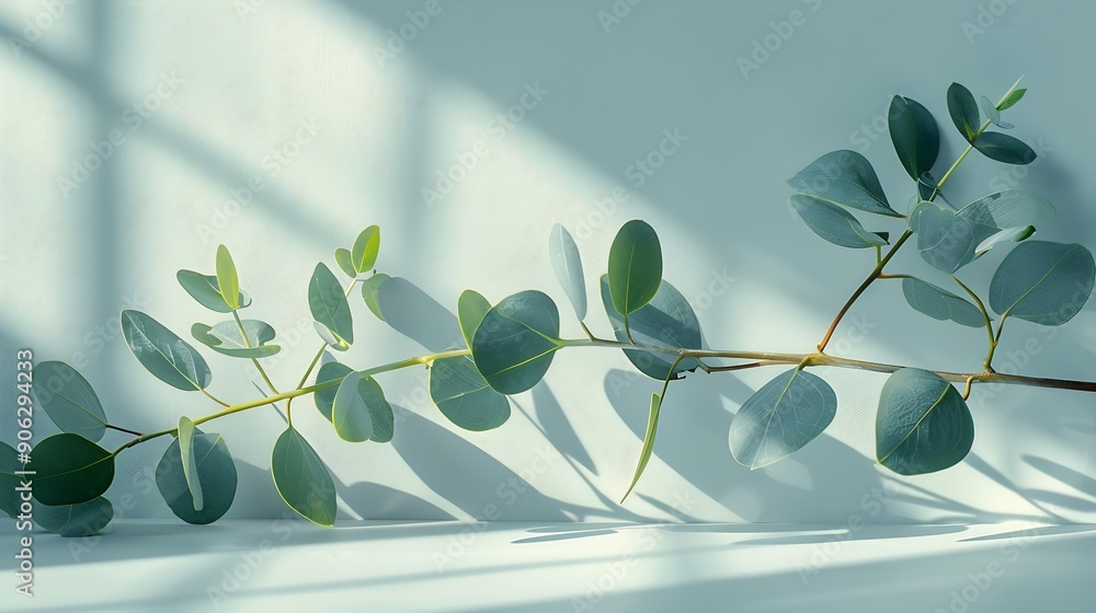 Poster green eucalyptus branch with shadows on empty light grey background backdrop for natural product pre