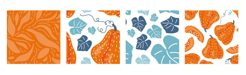 Seamless patterns with Orange Pumpkin with blue leaves and abstract forms. Set of four. Repeated vector backgrounds for menu, wallpaper, wrapping paper, packing, textile. Farmers market, Vegan food.