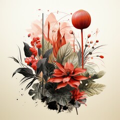 Eclectic Minimalistic Artwork Featuring Red Plants with Thin Lines