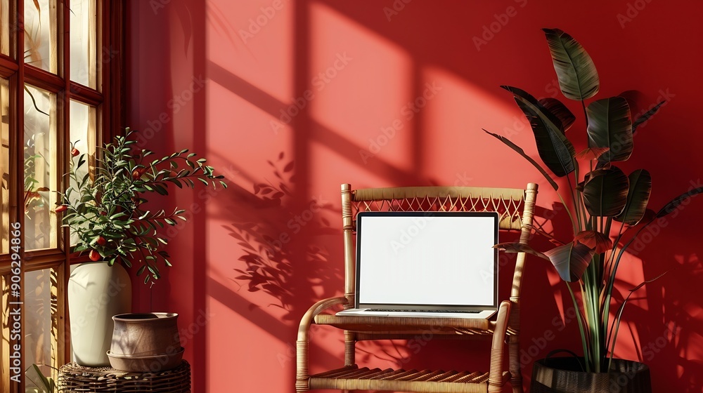 Poster laptop computer with blank screen on comfortable rattan chair against red color wall aesthetic templ