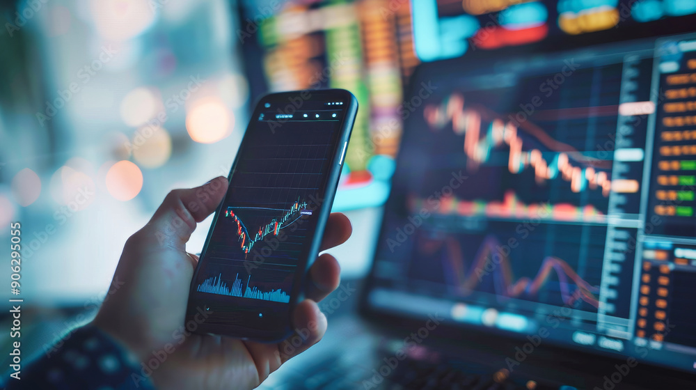 Poster a hand holding a mobile phone displaying a trading graph and stock market data
