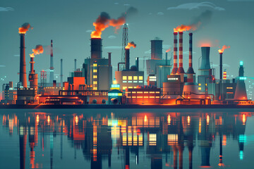 A city skyline with a large industrial area with many factories and a large body of water. The sky is dark and the city is lit up with lights