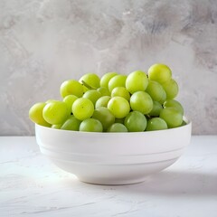 Green grapes in a bowl on white background, Grapes on wooden table.