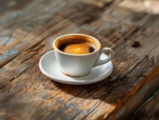 A Rich Dark Espresso in a Porcelain Cup on a Rustic Wooden Table