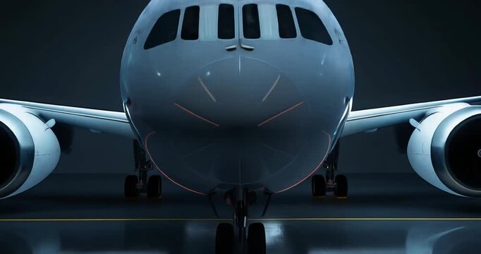 front view of modern airplane in hangar