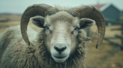 A ram with thick wool and impressive horns gazes thoughtfully around a rural farm