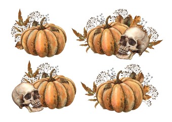 Orange pumpkin with autumn dry leaves, berries, branches and human skull. Watercolor set of compositions in Gothic style. For decor, autumn cards, Day of the Dead, Halloween, packaging, fabric.