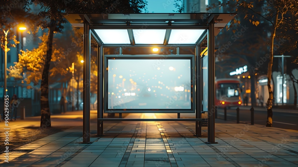 Poster bus shelter at busstop blank white lightbox empty billboard bus shelter ad glass and aluminum struct