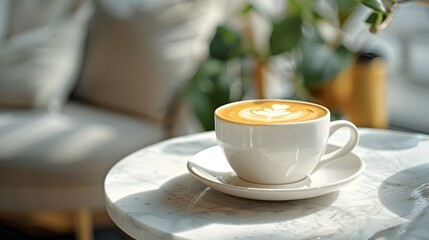 Delicate Latte Art in a Sleek Modern Cafe Setting with a Flat White Coffee Cup