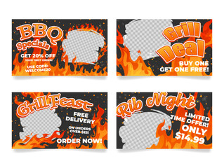 Summer grill promotions with fire graphics in vibran t black and orange colors at local bbq spot