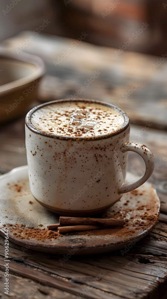 Poster frothy chai latte with cinnamon sprinkle on rustic wooden table