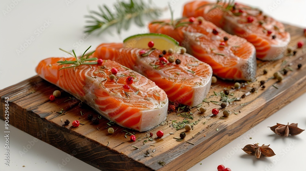 Poster wooden board with raw salmon steaks and different spices on white background : generative ai
