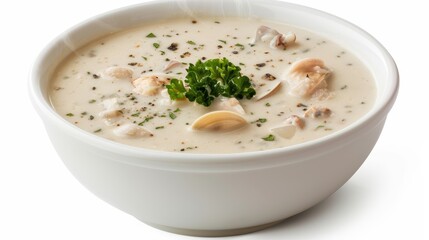 A steaming bowl of clam chowder, rich and creamy, isolated on a white background, perfect for food advertisements with ample copy text space