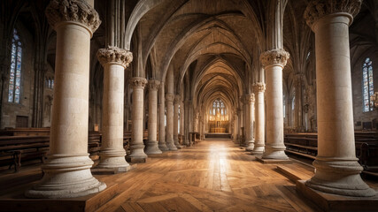 Obraz premium Inside of an ancient gothic cathedral with wooden floor and carved stone columns