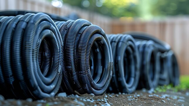 many rolled coils of new black corrugated plastic electric plumbing drainage pipe prepared for installation near building construction site material : Generative AI