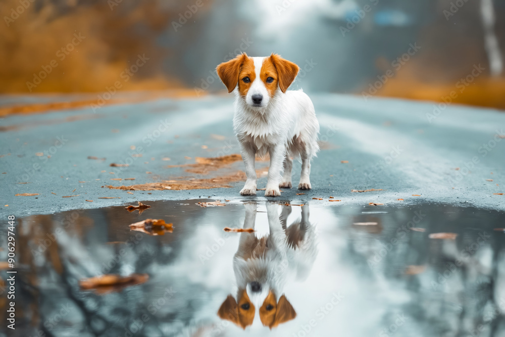 Poster A small dog standing in a puddle of water