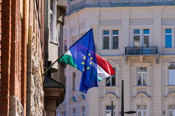 flags of the european union and hungary