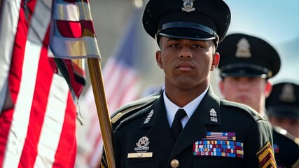 U.S. military honor guard standing solemnly with the American flag during a ceremonial event