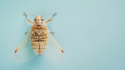 Cicada with wings open, displaying fine details and textures, isolated on a clean background with room for advertising text or branding