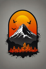 white background, stratovolcanoes, graphics, black, gray and bright neon orange, sunset, birds, flowers, natural ornament