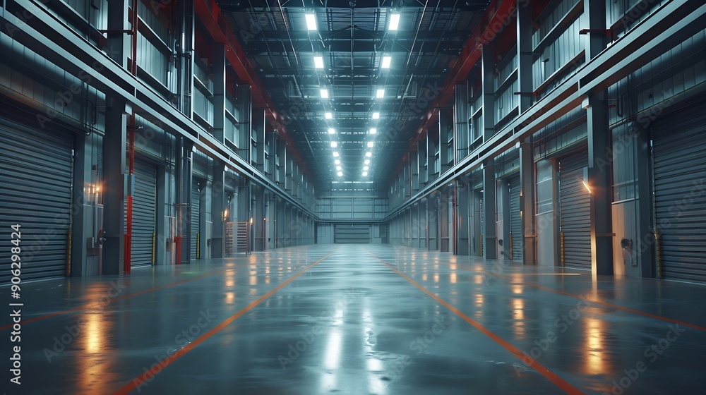 Poster large bright and empty warehouse : generative ai