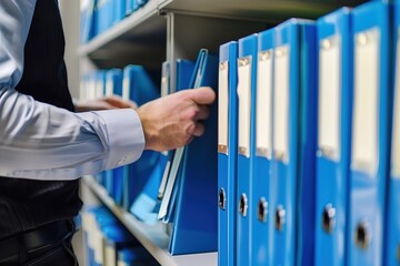 Man Organizing Blue Binders on Shelves in Office During Daytime Work Hours