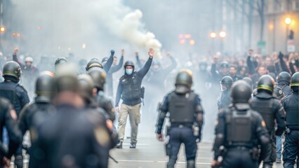 Obraz premium Street riot scene with protesters and police 