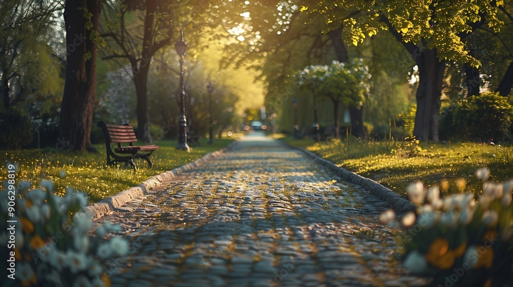 Poster An empty park alley on a spring day : Generative AI