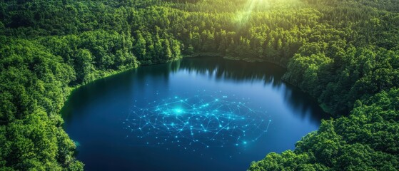 Aerial View of a Serene Forest Lake with Digital Network Overlay Representing Technology and Nature Integration