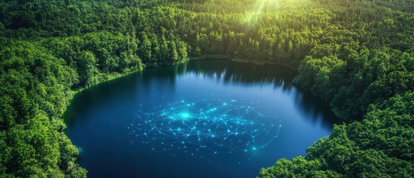 Aerial View of a Serene Forest Lake with Digital Network Overlay Representing Technology and Nature Integration
