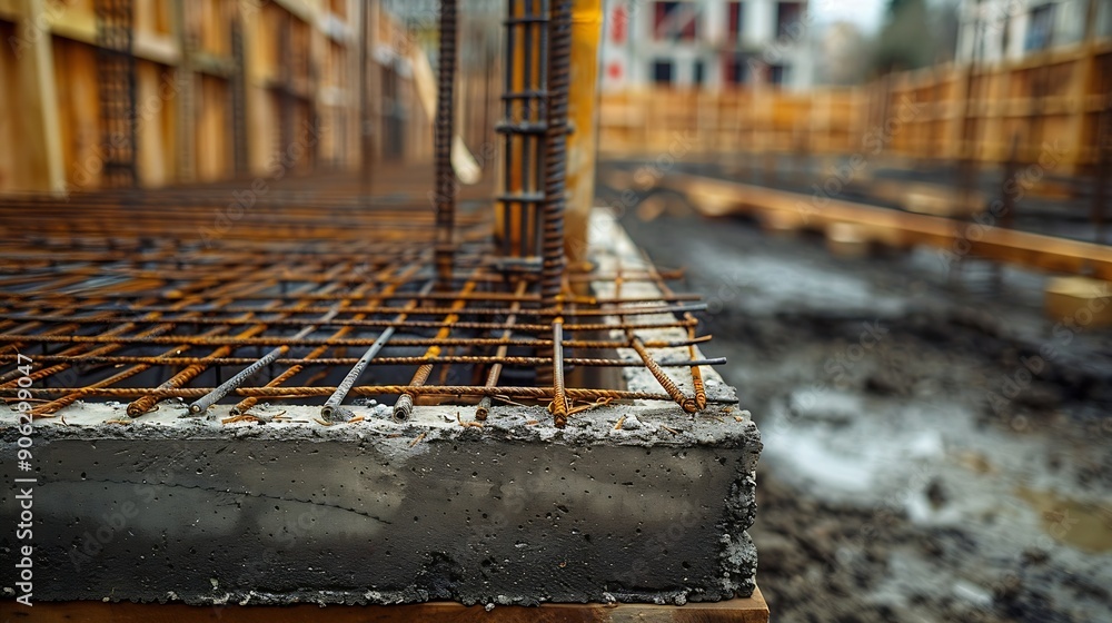 Poster large reinforced concrete structures at the construction site preparation for the installation of re