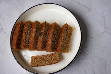 Slices of banana cake in a white plate