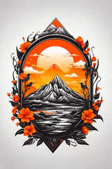 white background, stratovolcanoes, graphics, black, gray and bright neon orange, sunset, birds, flowers, natural ornament
