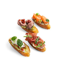 different types of bruschetta. With salmon, meat, soft cheese, herbs