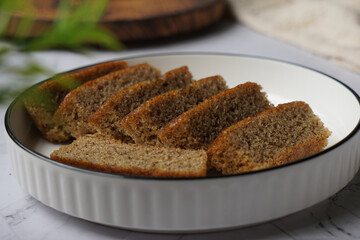 Slices of banana cake in a white plate