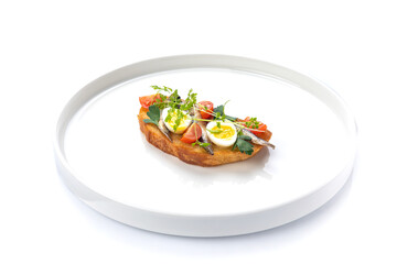 Delicious bruschetta with fish, cheese and herbs