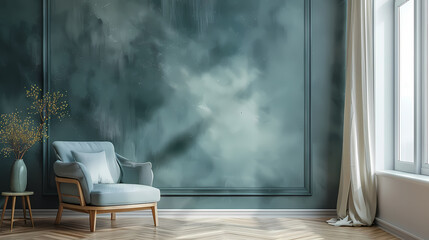 Fototapeta premium A blue armchair sits in a room with a teal wall and white curtains, creating a peaceful and calming atmosphere. The soft lighting and subtle textures add to the inviting ambiance.