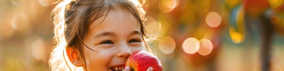 A young girl smiling joyfully while biting into a delicious red apple at the park