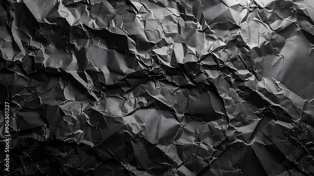 Poster Empty crumpled wet black paper blank texture copy space wall horizontal background : Generative AI