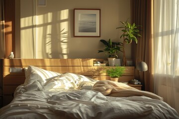 Unmade Bed and Plant in Bedroom