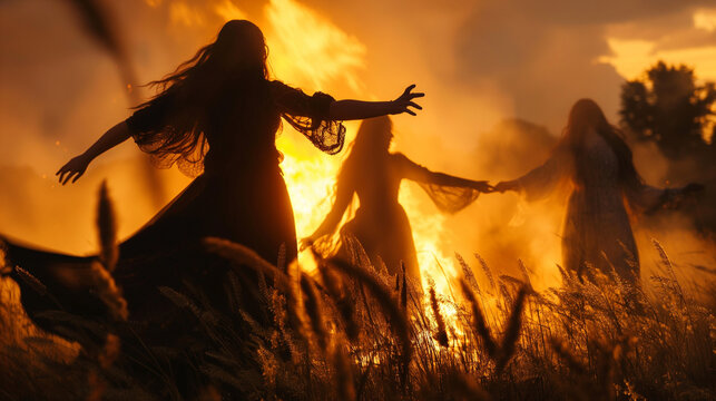 Women dancing around a bonfire at night during Samhain.