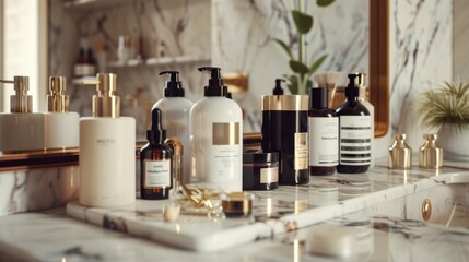 A beautifully arranged bathroom countertop showcasing a variety of skincare products and accessories