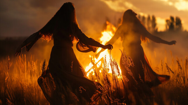 Women dancing around a bonfire at night during Samhain.