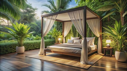 Fototapeta premium Bedroom with a luxurious canopy bed overlooking lush tropical garden, canopy, bed, tropical, garden, luxury, interior