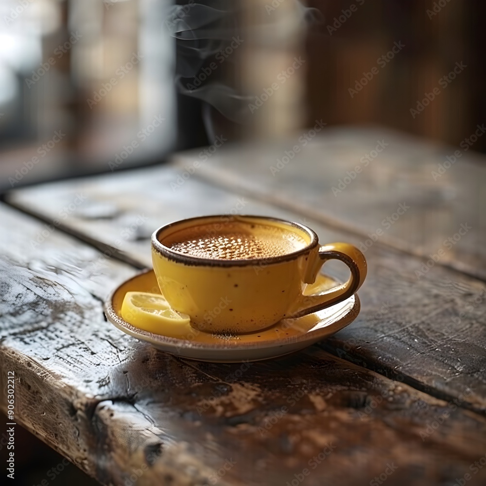 Poster steaming espresso with lemon twist served on rustic cafe table