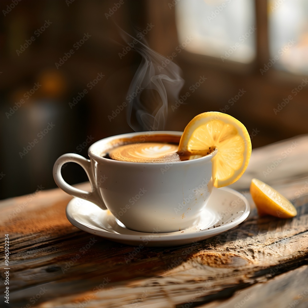 Aufkleber steaming espresso with lemon twist in porcelain cup on rustic caf table