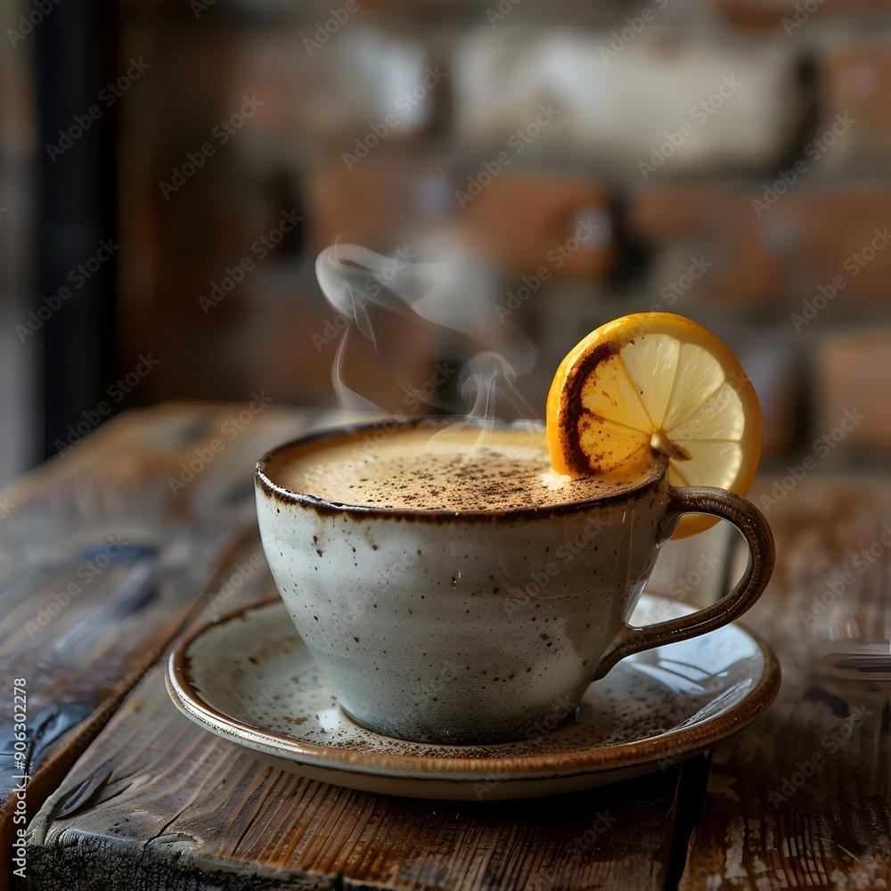 Poster steaming espresso with lemon twist on rustic cafe table